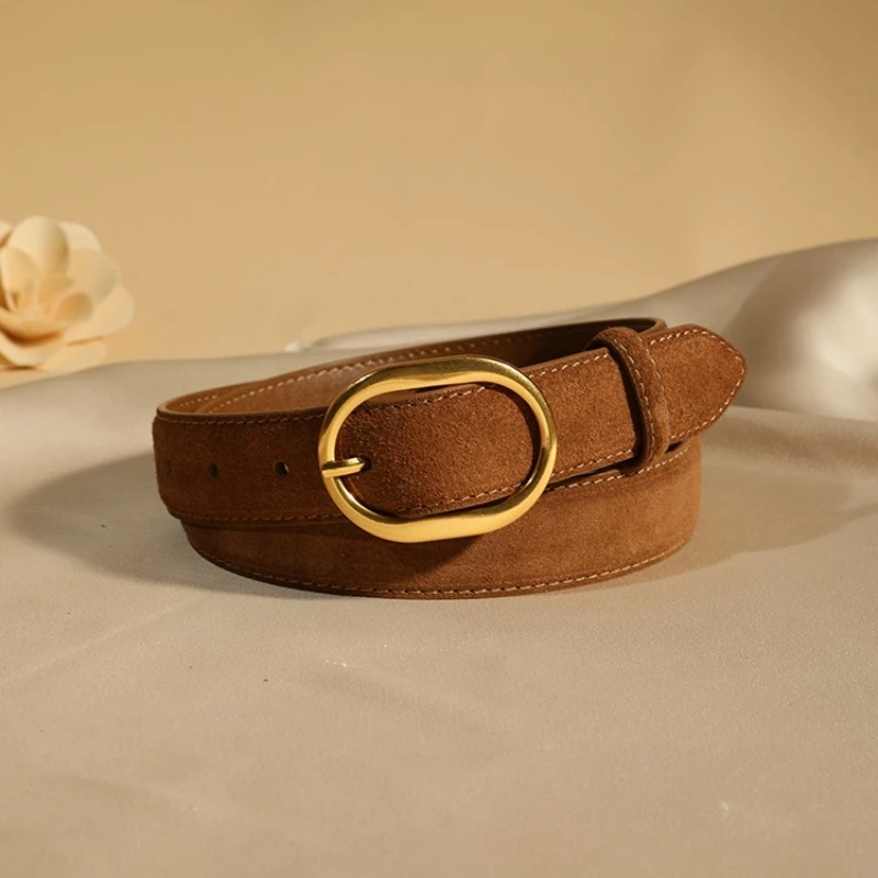 

New Luxury Suede Cowhide Genuine Leather Belt for Women, Stylish Metal Pin Buckle, Perfect for Jeans and Dresses, 2.3cm Width