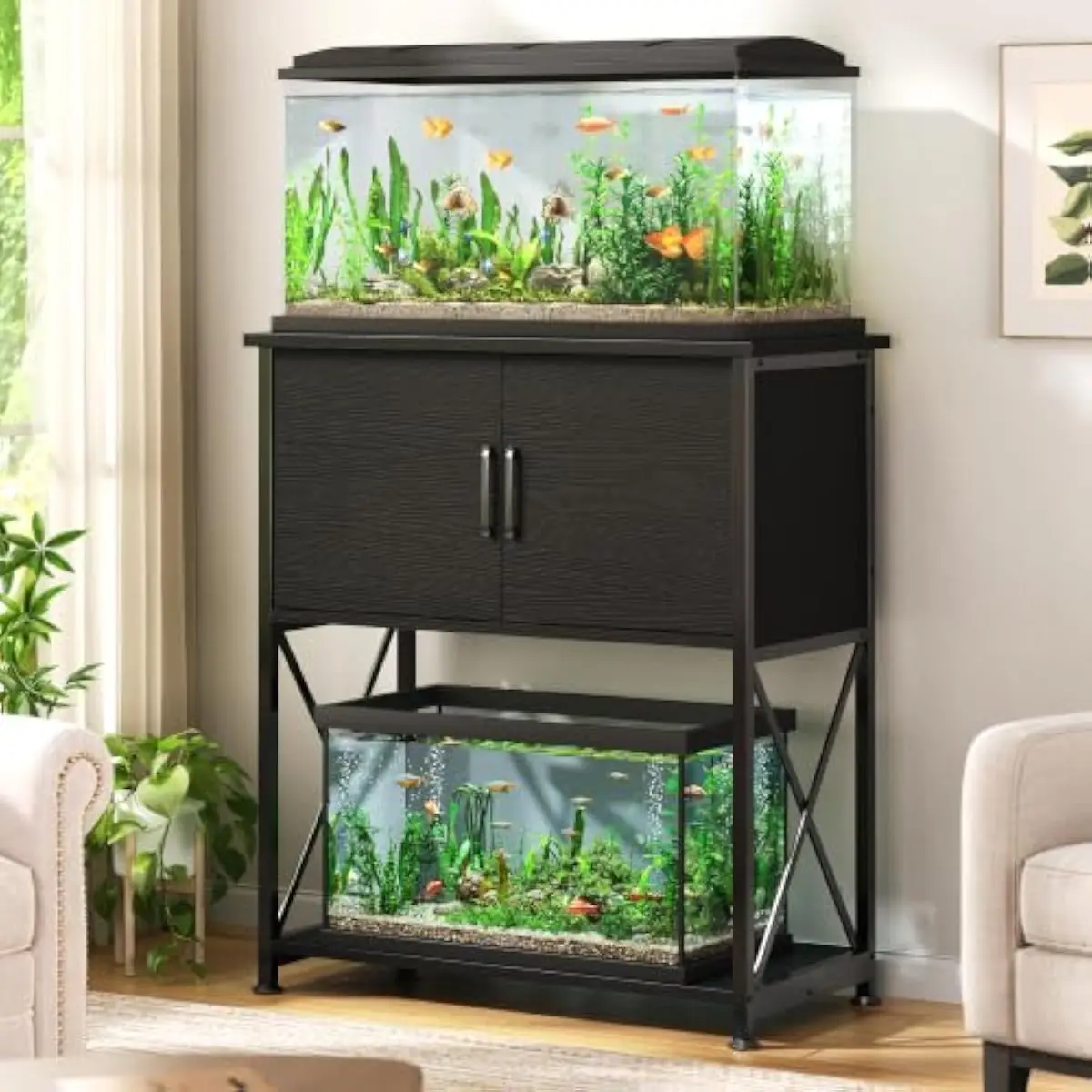 Metal Aquarium Stand for 20-29 Gallon Tanks, Dual-Level Design with Cabinet Storage, 30.7 x 16.5 Inch Top Surface, 330 LBS Load