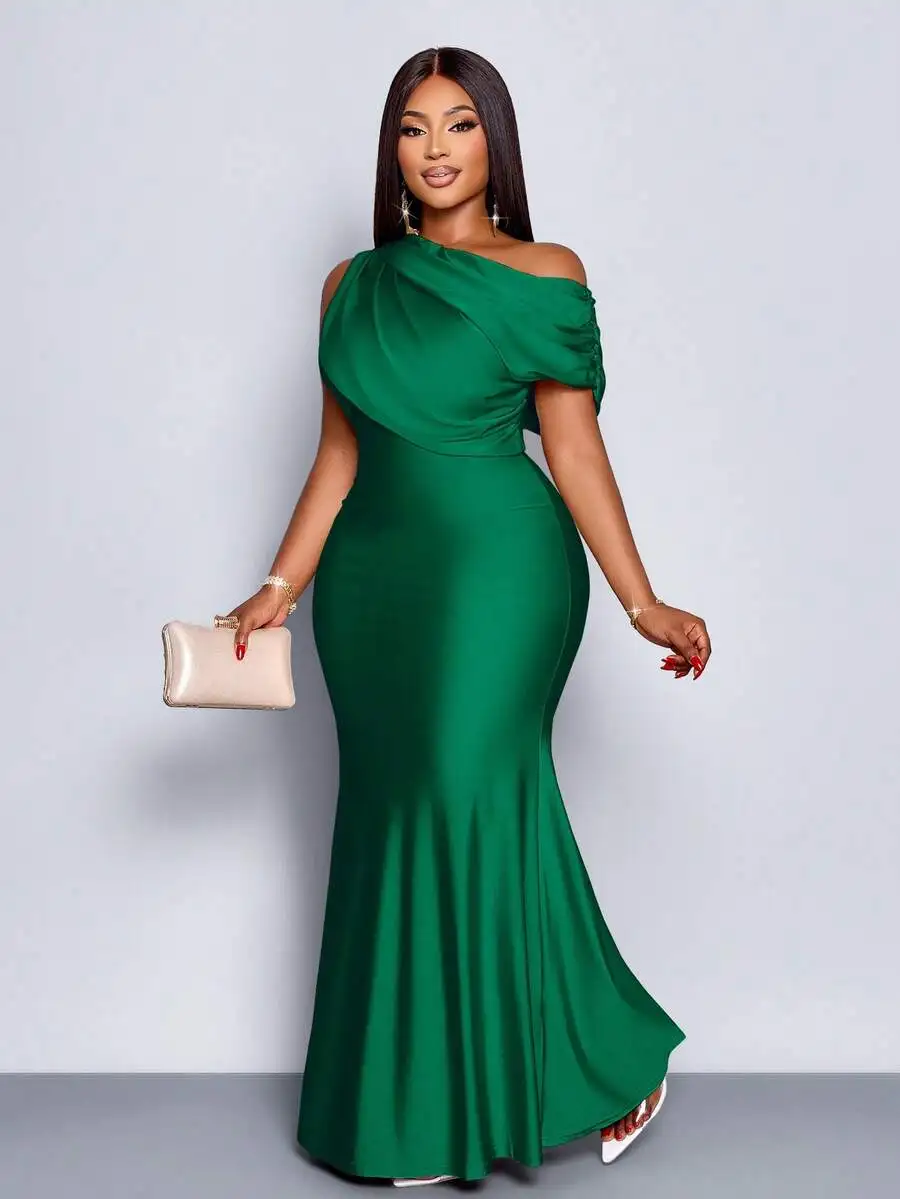 

Elegant Green Off-Shoulder Asymmetric Fishtail Maxi Dress For Women Formal Party Evening Wedding Guest Dress