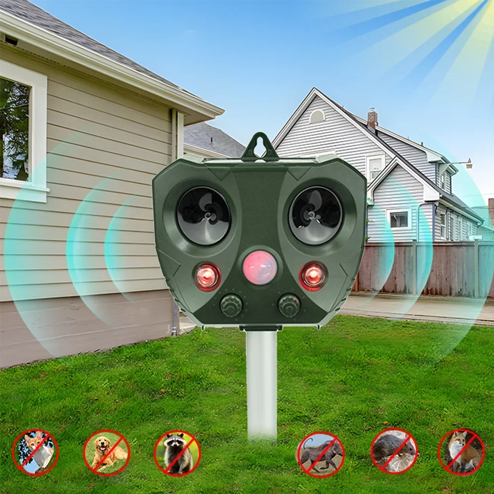 Golfverjager met variabele frequentie voor buiten, led-flitser, muisverjager, zonne-energie en opladen via USB, geschikt voor boerderijtuinterras