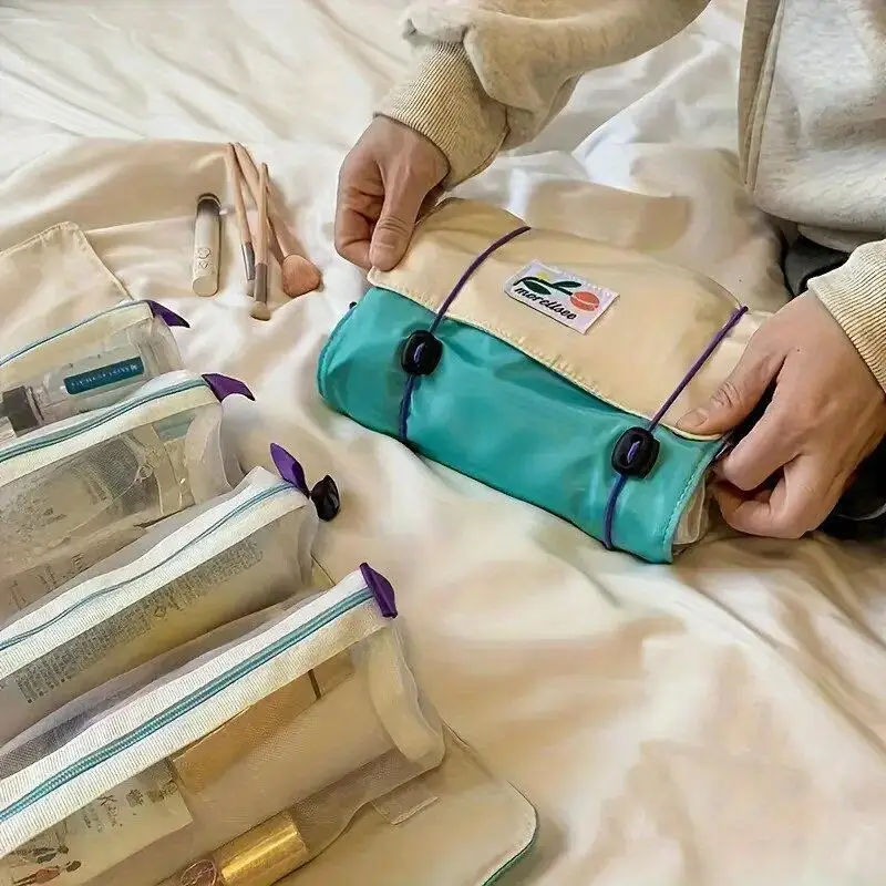 

Large Capacity Travel Cosmetic Bag 4-In-1 Folding Detachable Nylon Mesh Storage Bags Multifunction Travel Cosmetic Bag
