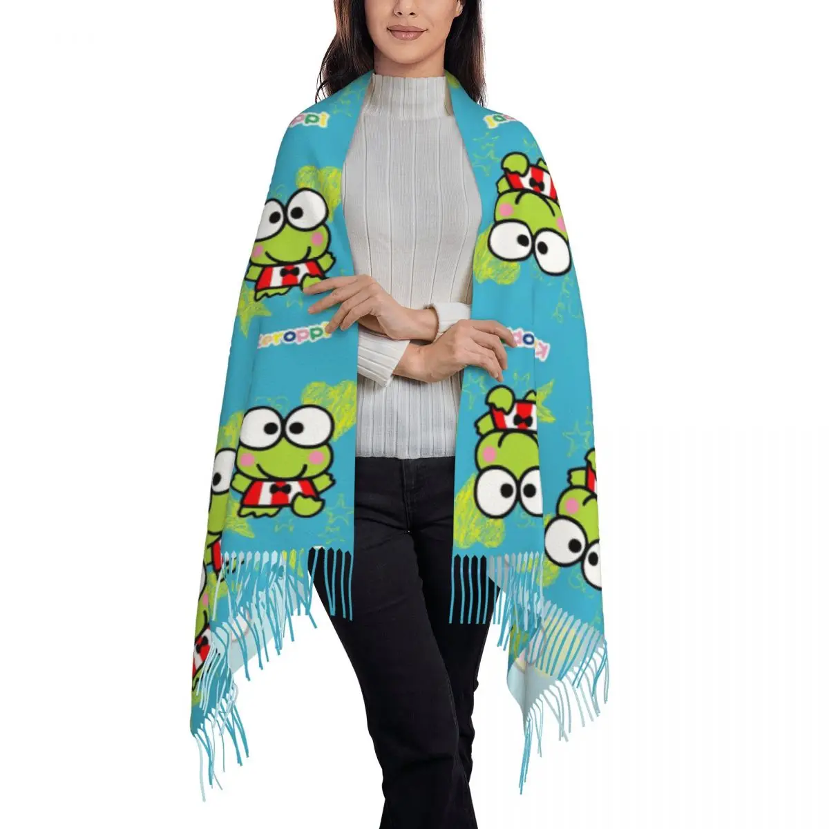 Bufanda de borla de Keroppi personalizada para mujer, chal cálido de invierno, bufandas de Dama