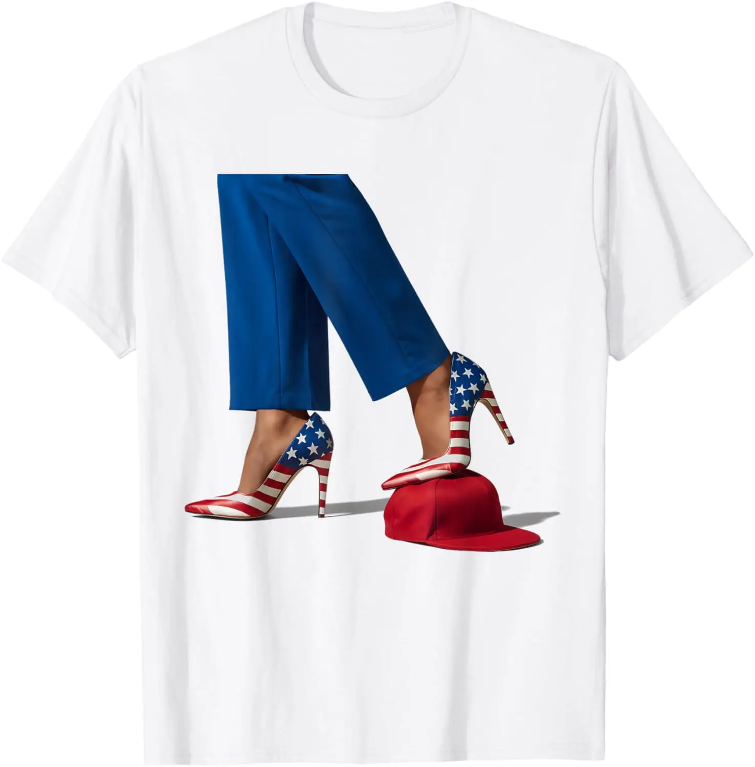 Camiseta Kamala Harris com salto alto pisando no chapéu vermelho