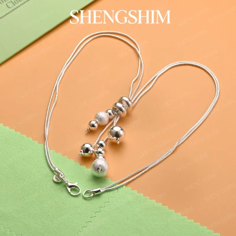 SHENGSHIM 925 Sterling Silver Double Layer Chain Multi Bead Pendant Necklace For Men Women Fashion Jewelry Party Birthday Gift