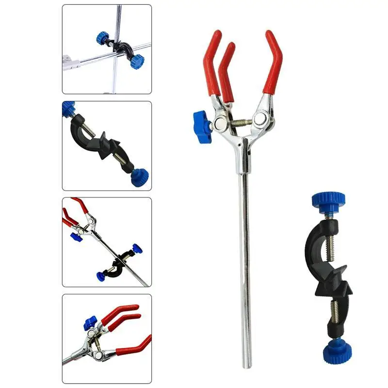 1Set 2 adet laboratuarlar Burette kelepçeleri Prong parmak laboratuvarları kelepçeleri ile laboratuvar standı klipsi (üç çeneli kelepçe + alüminyum