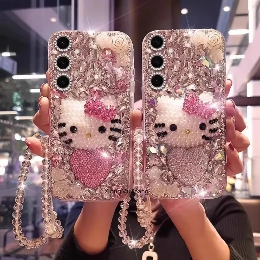 Cartoon Hello Kitty Handgelenk-Schlaufenhülle für Samsung S25Ultra S24 Plus S23 S22 Ultra S21 S20 FE S26 Note20 Glitzernde Strass-Abdeckung – Detail 1