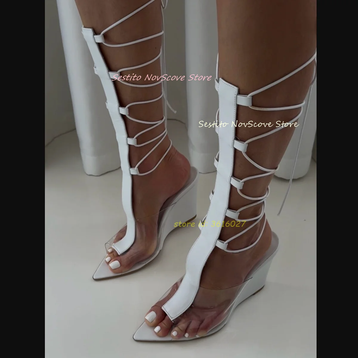 

White T Straps Gladiator Wedges Sandals Pointy Open Toe Pvc Upper Cross Straps Lace Up Sexy Women Summer Sandals Single Shoes