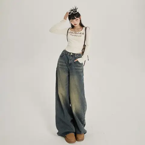 Retro American High Waist Loose Wide Leg Jeans Women's Trendy Long Pants Floor Design Autumn Winter Straight Cut Denim