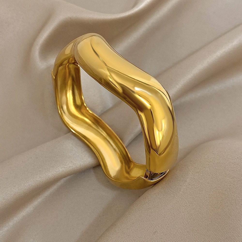 

Minimalist Glossy Stainless Steel Bangle Bracelets Women Irregular Wave Spring Opening Bangle Party Luxury Jewelry Gift