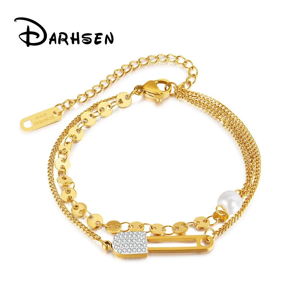 DARHSEN Female Women Double Layered Statement Bracelets Bangles Ins Style Fashion Jewelry Gold Color Stainless Steel