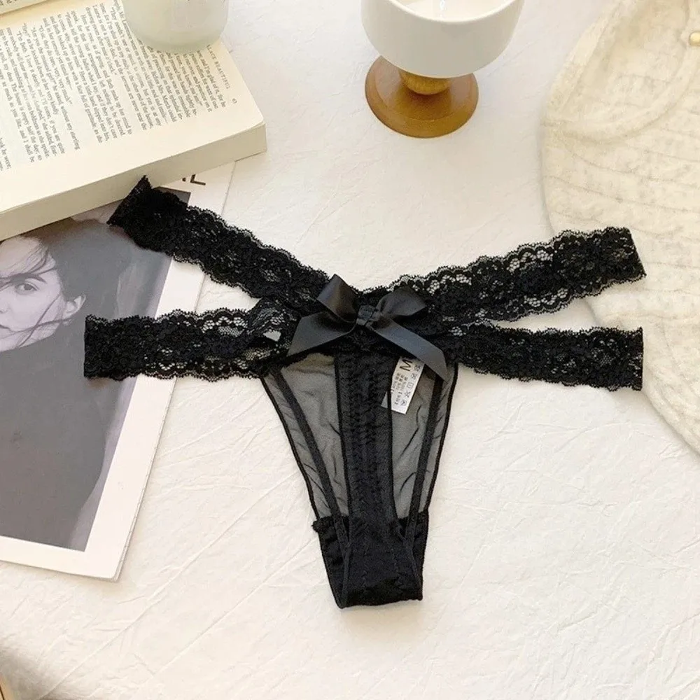 Underpants Low Waist Lace Thongs Transparent Cross Belt Ladies T-back Briefs Hollow Out Lingerie Mesh Bow Thong Intimate Apparel