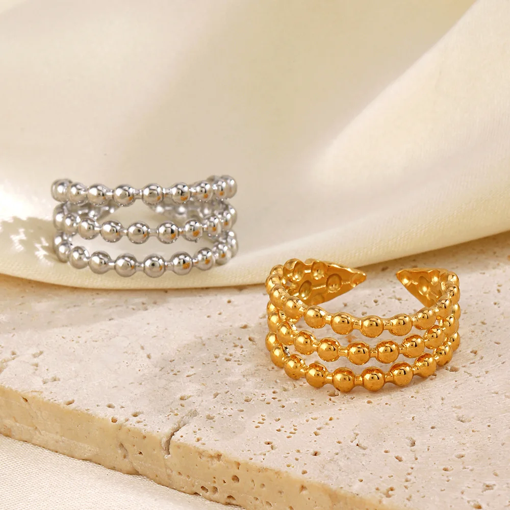 Fashion Simple 3-Layer Round Bead Ring Unisex Personalized Hip Hop Opening Adjustment Stainless Steel Rings Valentine Day Gift