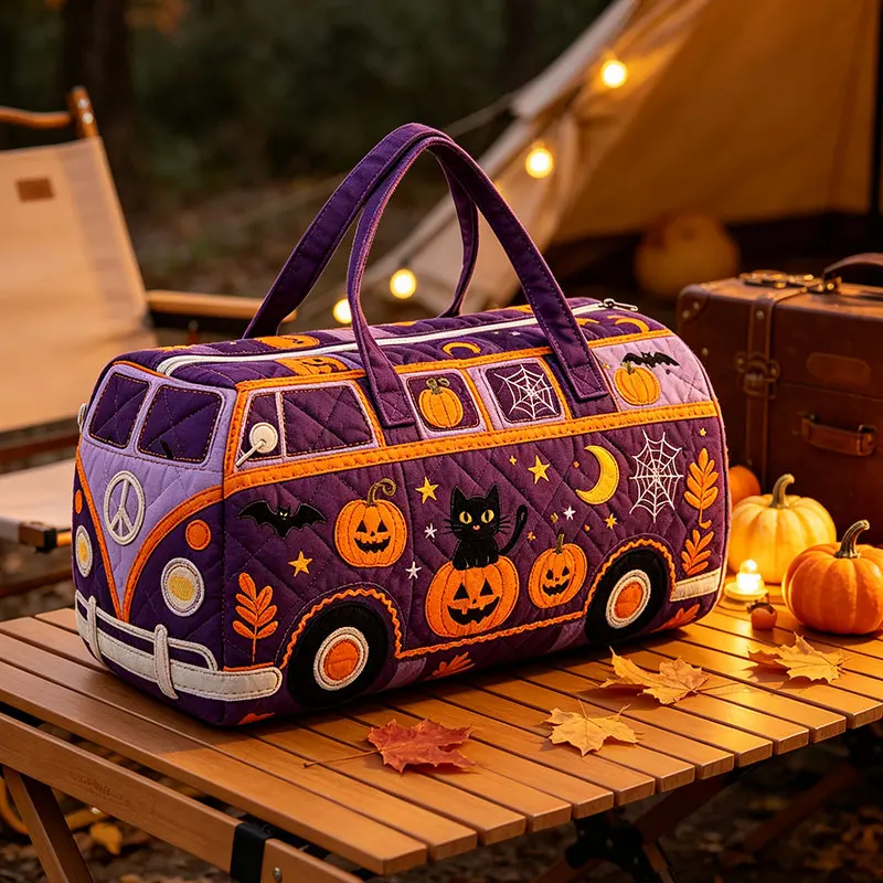 Halloween Vintage Bus Duffle Bag Pumpkin Black Cat Travel Overnight Bag Large Capacity Handbag Spider Web Moon Girls Luggage Bag