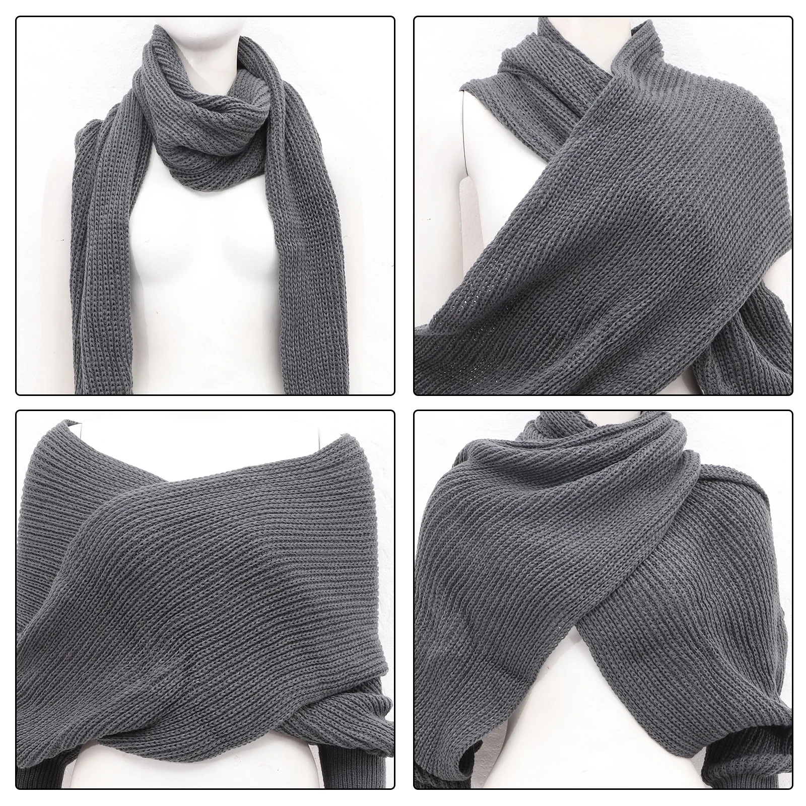 

One Dark Grey Unisex Knitted Scarf Cape Shawl with Long Sleeves Warm Winter Fashion Wear Soft Elastic Knitwear for Men Women