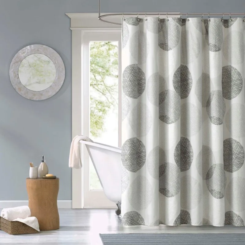 

Music-Themed Shower Curtain – Gray & White Circular Print, Fade-Resistant Microfiber, 12 Button Holes, Lightweight, Durable