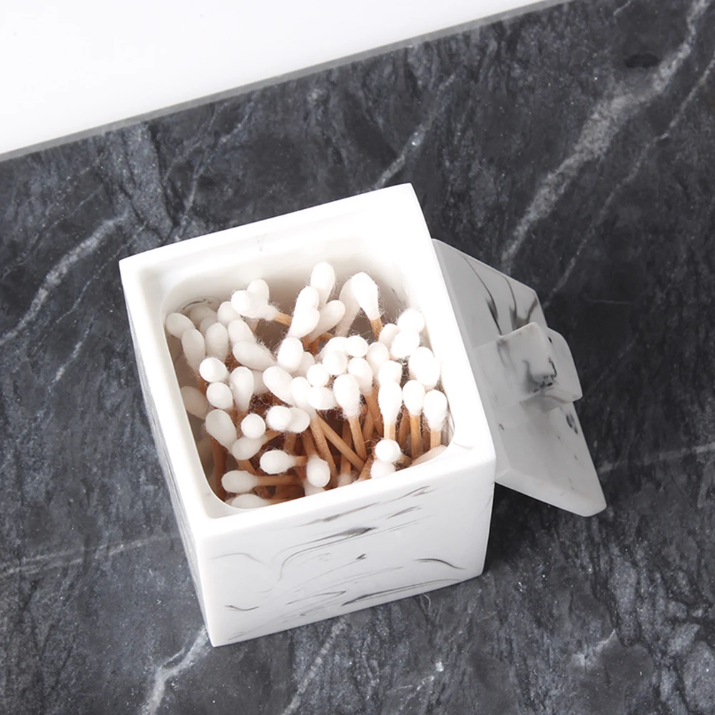 

Marble Texture Resin Storage Box With Lid For Cotton Swabs Toothpick Organizer Space Saving Apothecary Jar White