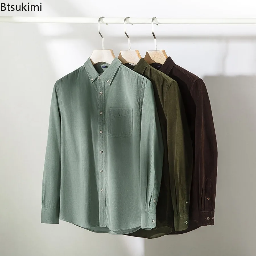 

Men's Corduroy Pure Cotton Long Sleeved Shirt Spring and Autumn Retro Casual Shirt Solid Color Casual Loose and Versatile Jacket