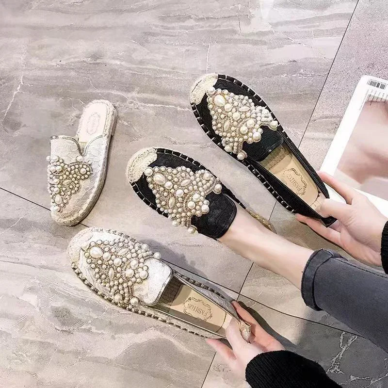 Beaded Flats Women Mules Shoes Summer Luxury Slippers 2024 Designer Mesh Dress Slingback Sandals Walking Flip Flops Mujer Slides