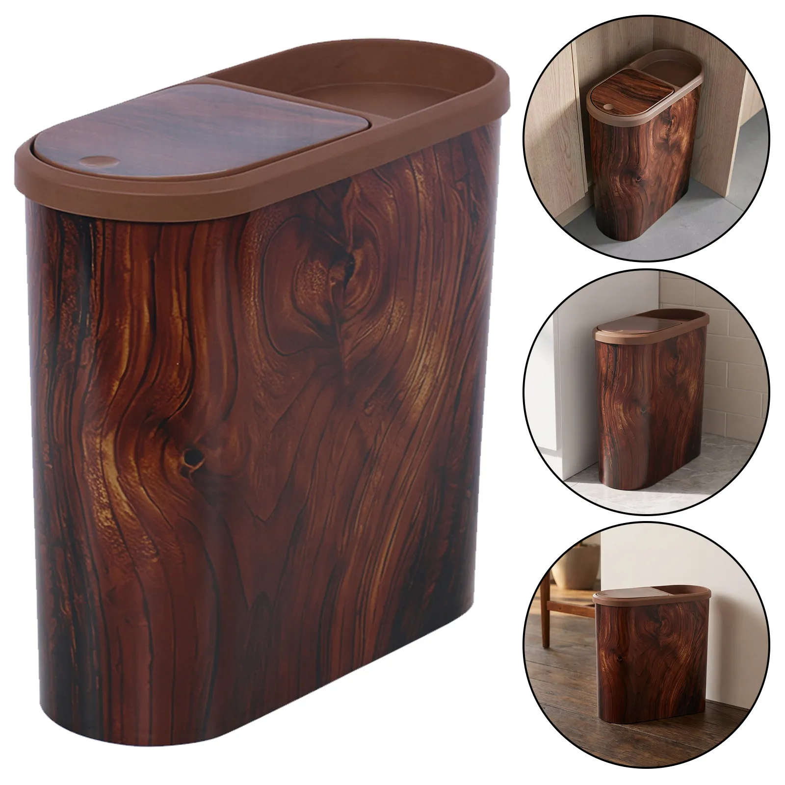 9L Narrow Trash Can Lid Wood Grain Look Slim Plastic Garbage Bin Space Saving Bathroom Kitchen Wastebasket Bathroom Garbage Bin