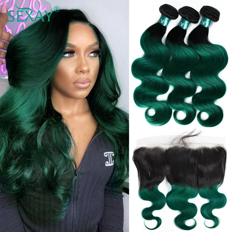 Bundel hijau Ombre dengan gelombang tubuh Brasil Frontal warna pirus jalinan rambut manusia 3 buah dengan 13x4 renda Transaparent Frontal