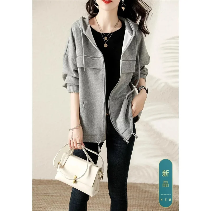 2022 Spring Sweater Women Hooded Cardigan Loose And Lazy Style All-match Fashion Jacket Female New Zipper Solid Color Coat Awch