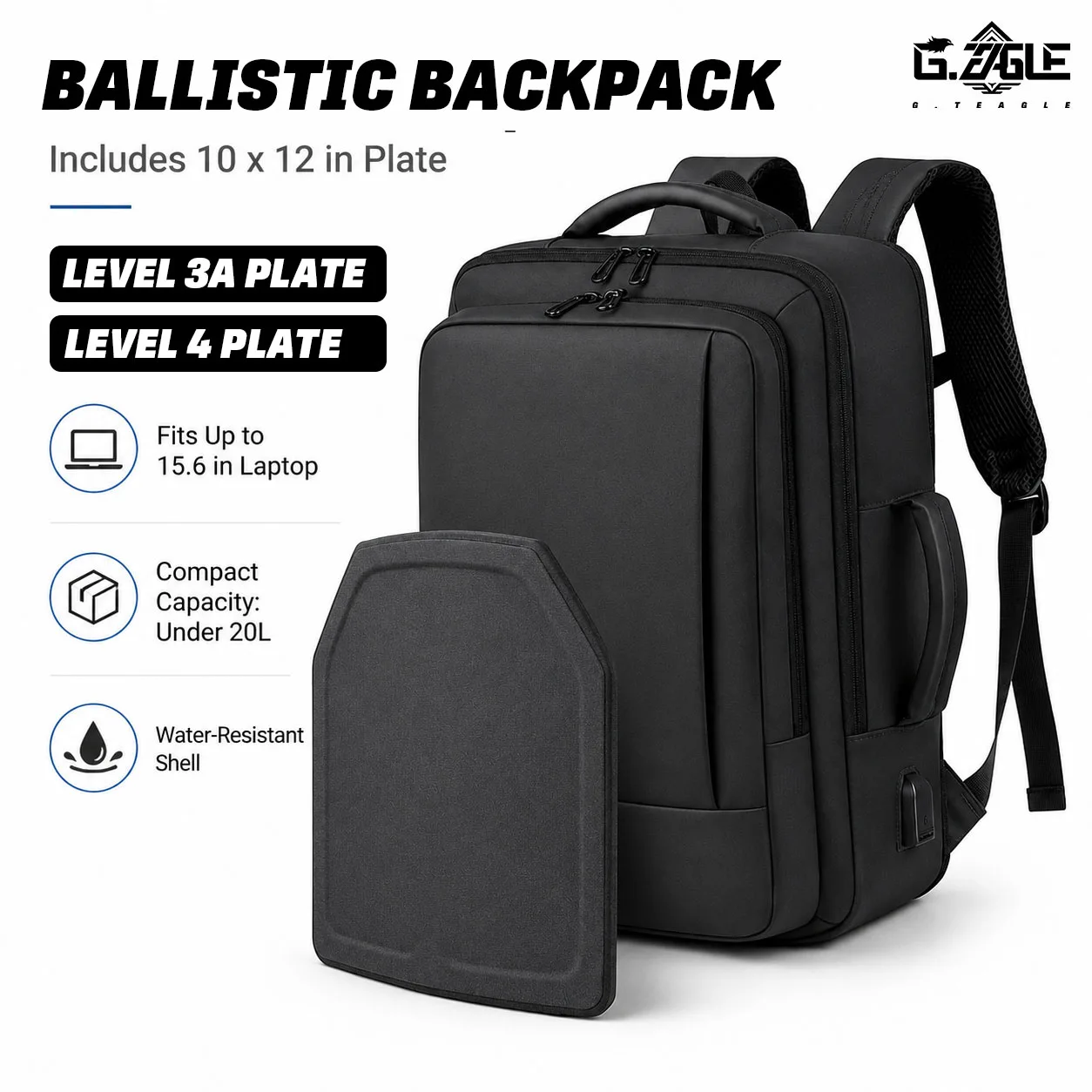 

Level 3A/4 Business-Style Ballistic Backpack | Electroplated Leather (Black) | Lightly Water-Resistant | Laptop Backpack (20L Capacity)