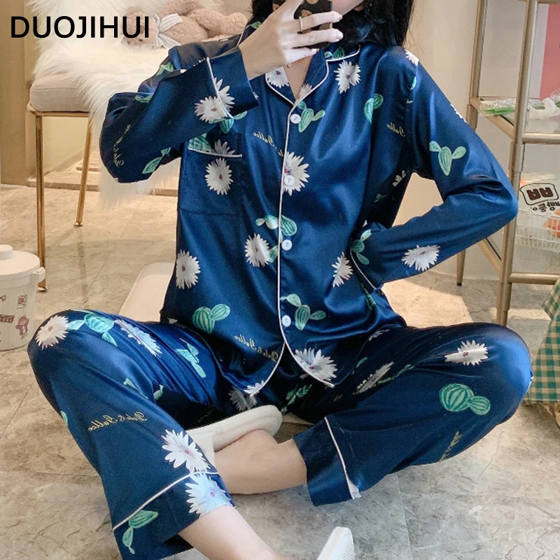 Duojihui-conjunto de pijamas femininos, cardigã solto com listra preta, botão chique, calça casual, roupas simples de noite, outono