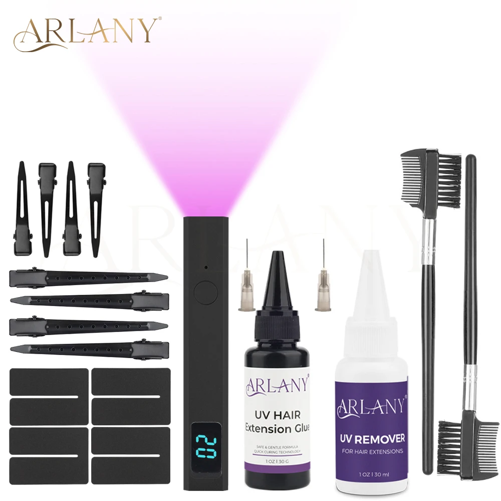 ARLANY UV Lamp Hair Extension Kit Tool 30g UV Hair Glue with 30ml Glue Remover Anti-UV Shield Guards UV Lamp Hair Extension