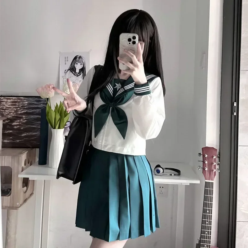 Nuovo abito uniforme scolastica giapponese marinaio JK Basic Cartoon Girl Navy marinaio uniforme set verde costume blu scuro costume da donna ragazza