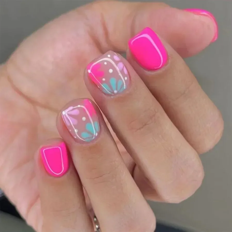 24 pçs curto quadrado unhas falsas com desenhos de flores outono outono padrão imprensa em unhas cobertura completa dicas de unhas ballet ponta de unhas falsas