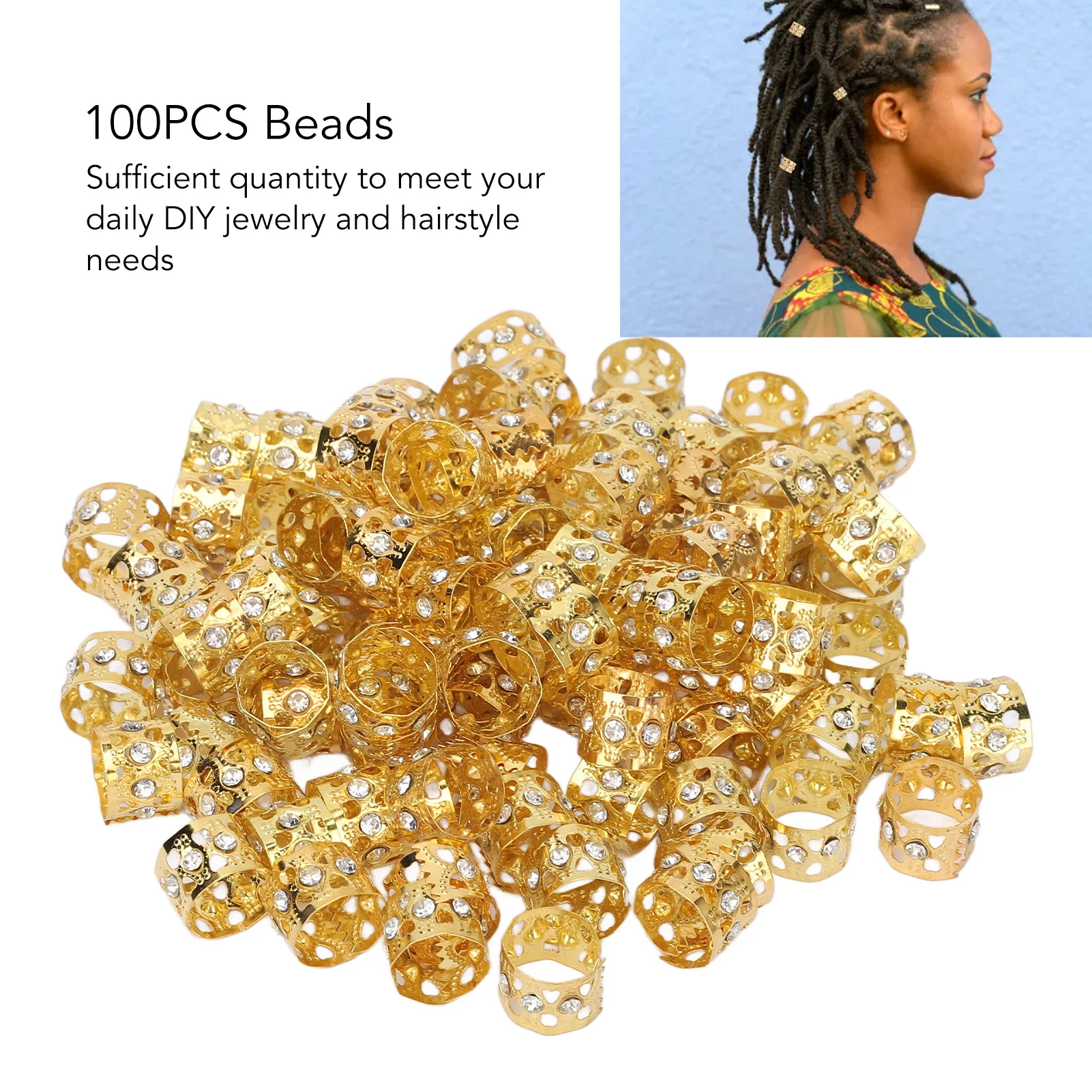 

100Pcs Dreadlocks Beads Sparkling Rhinestone Fashionable Hair Braiding Rings for Hair Decoration Gold