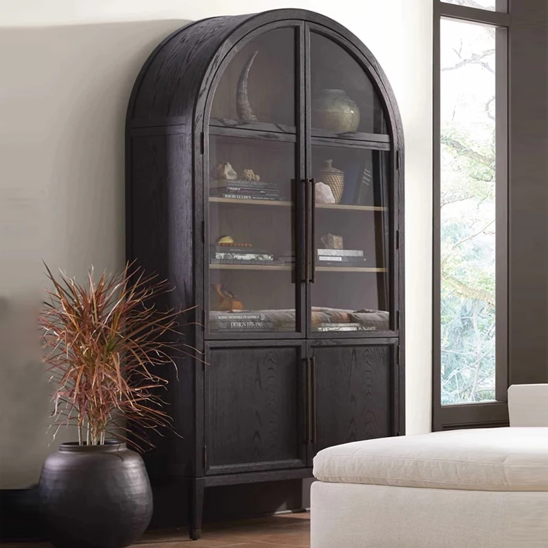American Light Luxury Solid Wood Bookcase Nordic Side Cabinet Black Arched Glass Doors Decorated French Vintage Wine Cabinet