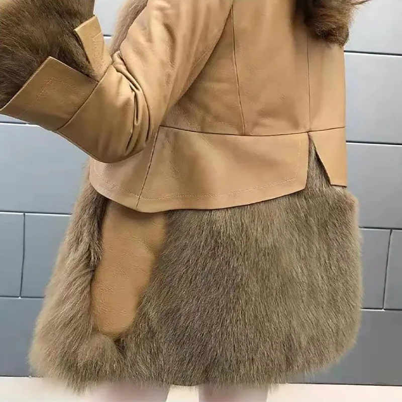 Elegant Ladies Jackets Fashion Solid Color Lapel Long Sleeve Leather Patchwork Sweater Popular Medium Long Styles Fur Coats