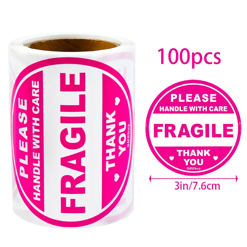3in 100Pcs Pink Round Fragile Stickers Easy-Tear Adhesive Warning Label Stickers Warehouse Storage Fragile Handle with Care Stickers image 3