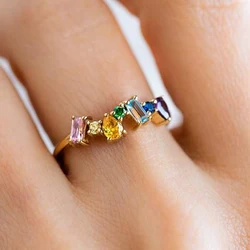 Huitan New Fashion Rings for Women Geometric Colorful Cubic Zirconia Luxury Female Rings Temperament Bridal Wedding Jewelry Gift