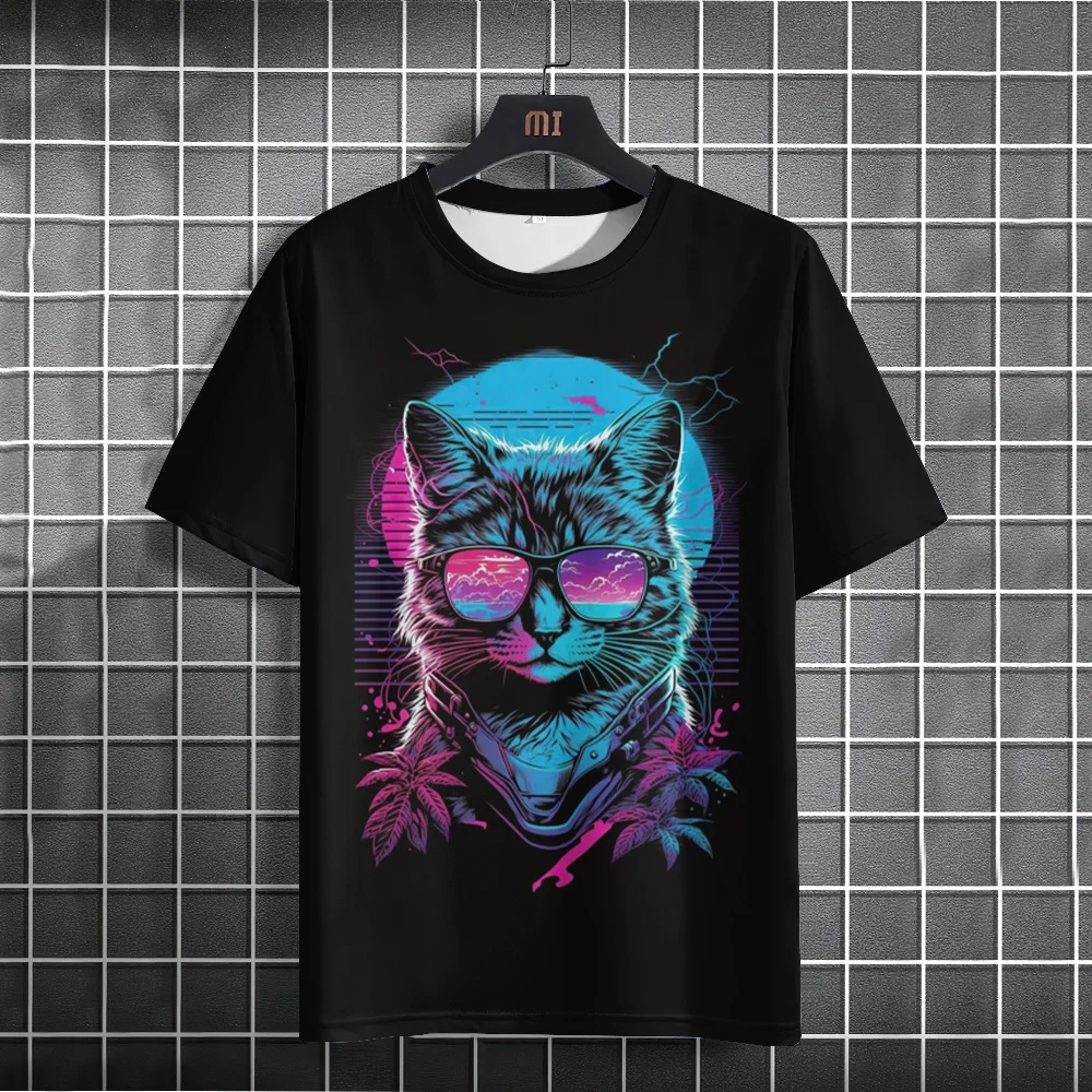 New Stylish Cat Printed Men's Short Sleeve Tee Fashion Oversized T-shirts For Men Hip Hop Animal Graphic Men's Clothing Summer