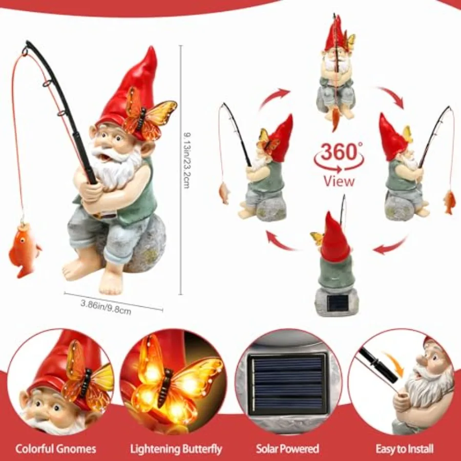 Solar Garden Statues, Outdoor Fishing with Butterfly Solar Lights Waterproof, Birthday Gifts for Mom Women Mother's Day, Garden