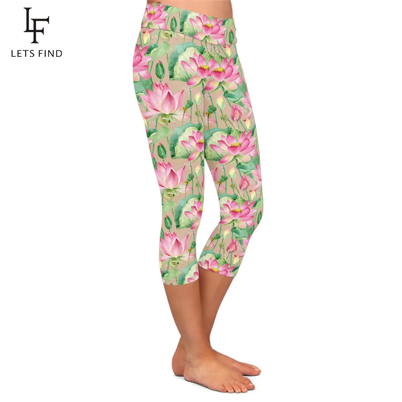 LETSFIND Beautiful Lotus Flowers Design Milk Silk Print Women Capri Leggings High Waist Fitness Soft Slim Leggings