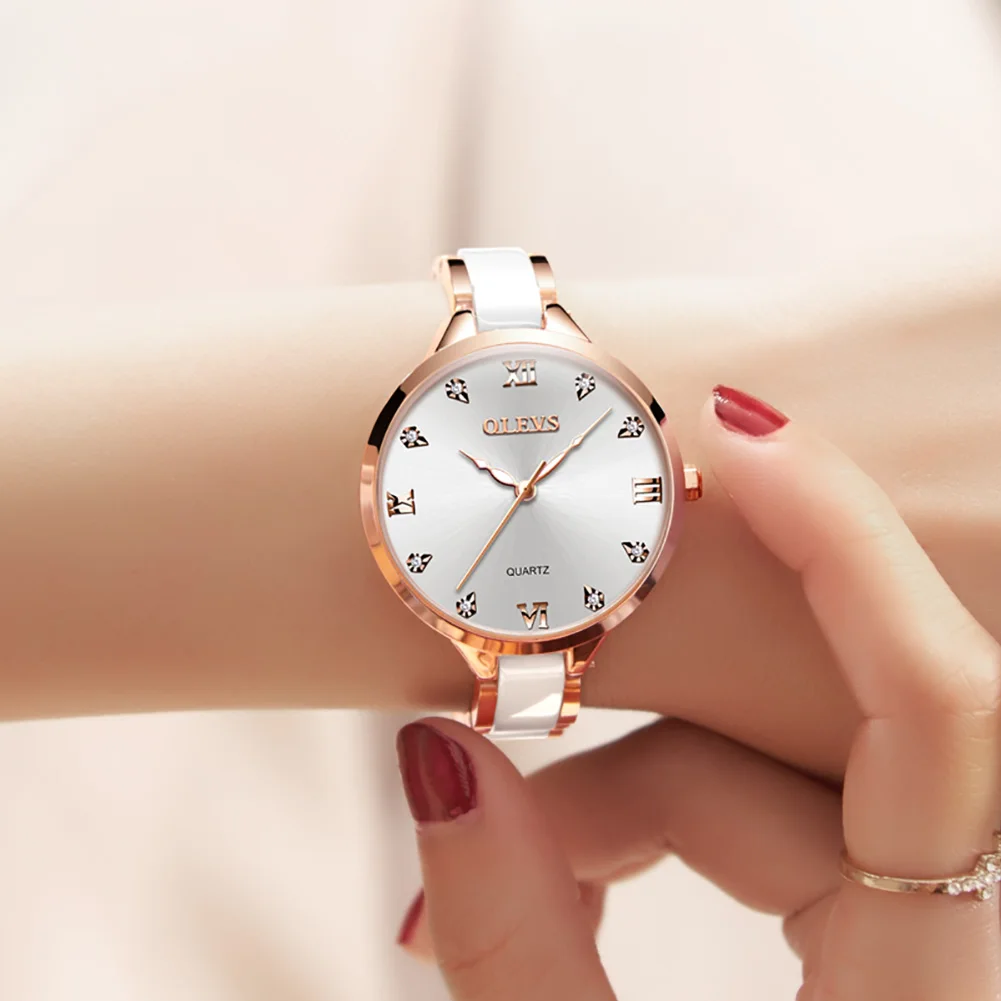 OLEVS Ceramic Dress Women Watch Luxury Rose Gold Ladies Wristwatch Gifts Japan Imports Quartz Movement Watches Relogio Feminino view 3