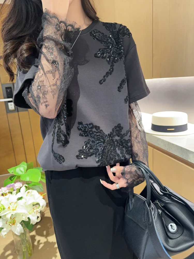

Fashionable New Design Heavy Embroidery Sequin Loose Lace Sleeve T-Shirt Women's Casual Style Floral Pattern round Neck Top