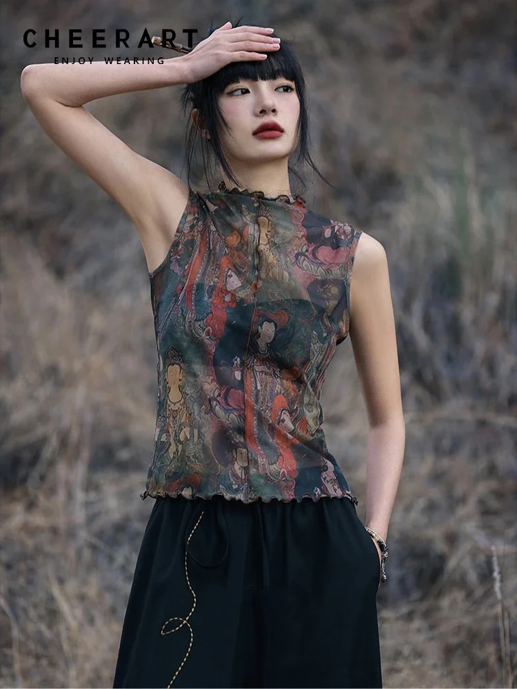 

CHEERART Dunhuang Murals Vintage Designer Sleeveless Top For Woman Summer Tees Graphic T Shirts Frilling Mesh Top 2025 Clothing