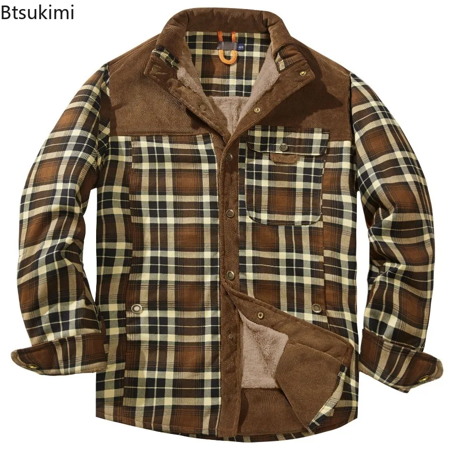 

New Men's Autumn Winter Warm Coat Outdoor Vintage Long Sleeve Plaid Flannel Shirt Jacket Plus Velvet Thicken Plaid Shirt for Men