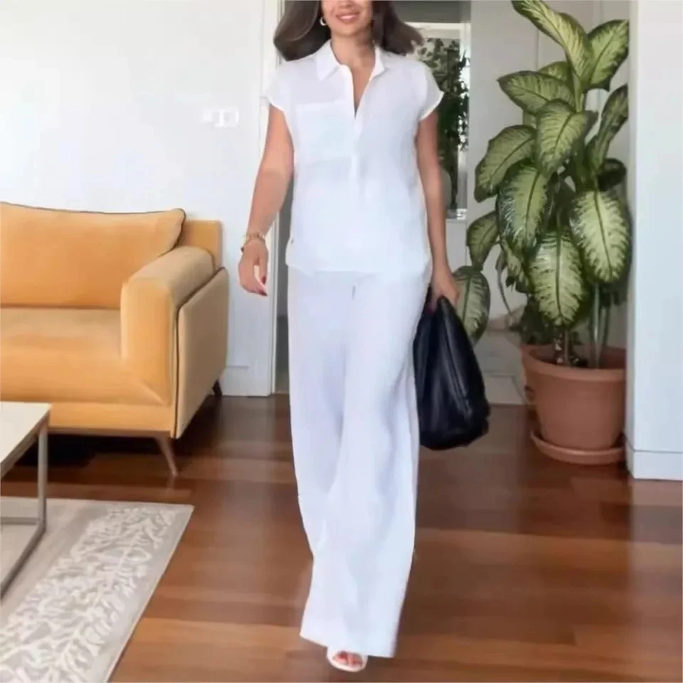 

Весенне-летний комплект из двух предметов: женская рубашка с коротким рукавом и брюки из хлопка и льна, однотонные, с карманами, элегантный офисный стиль.