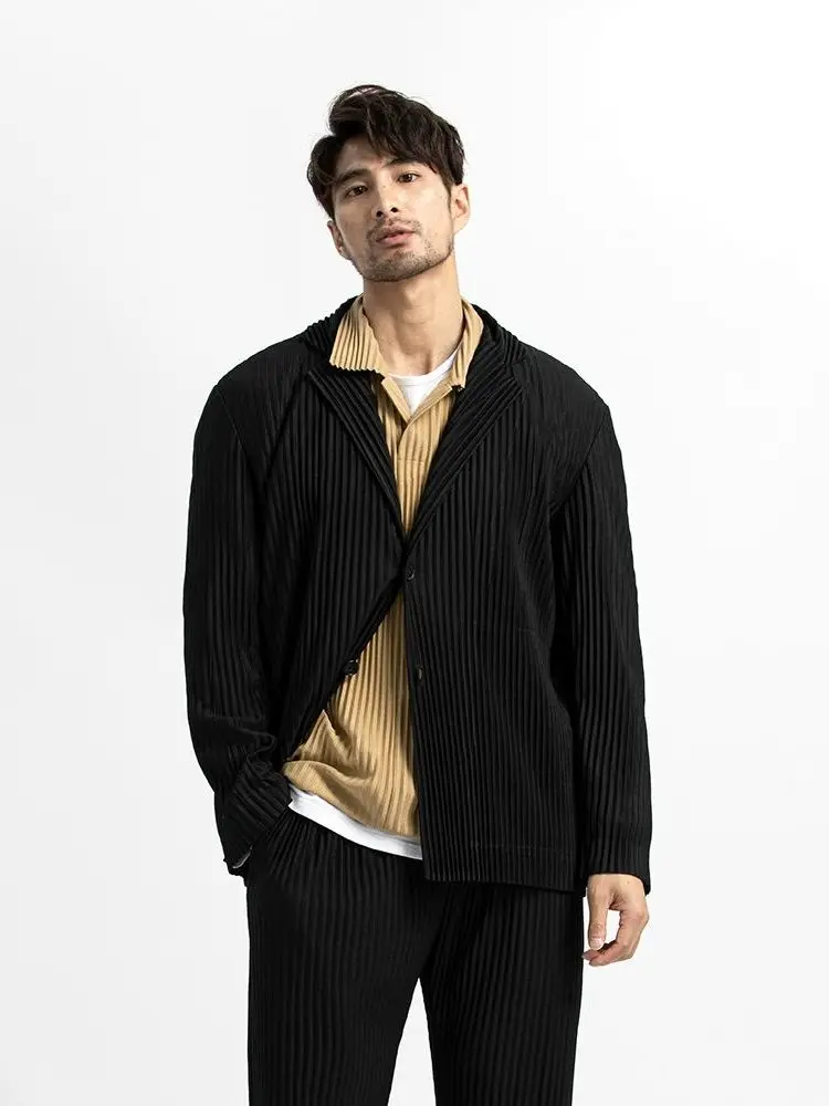 Miyake Pleated Blazer Black Suits For Men High Quality Casual Japanese Style Blazers Stretch Fabric Slim Fit Coat image 3