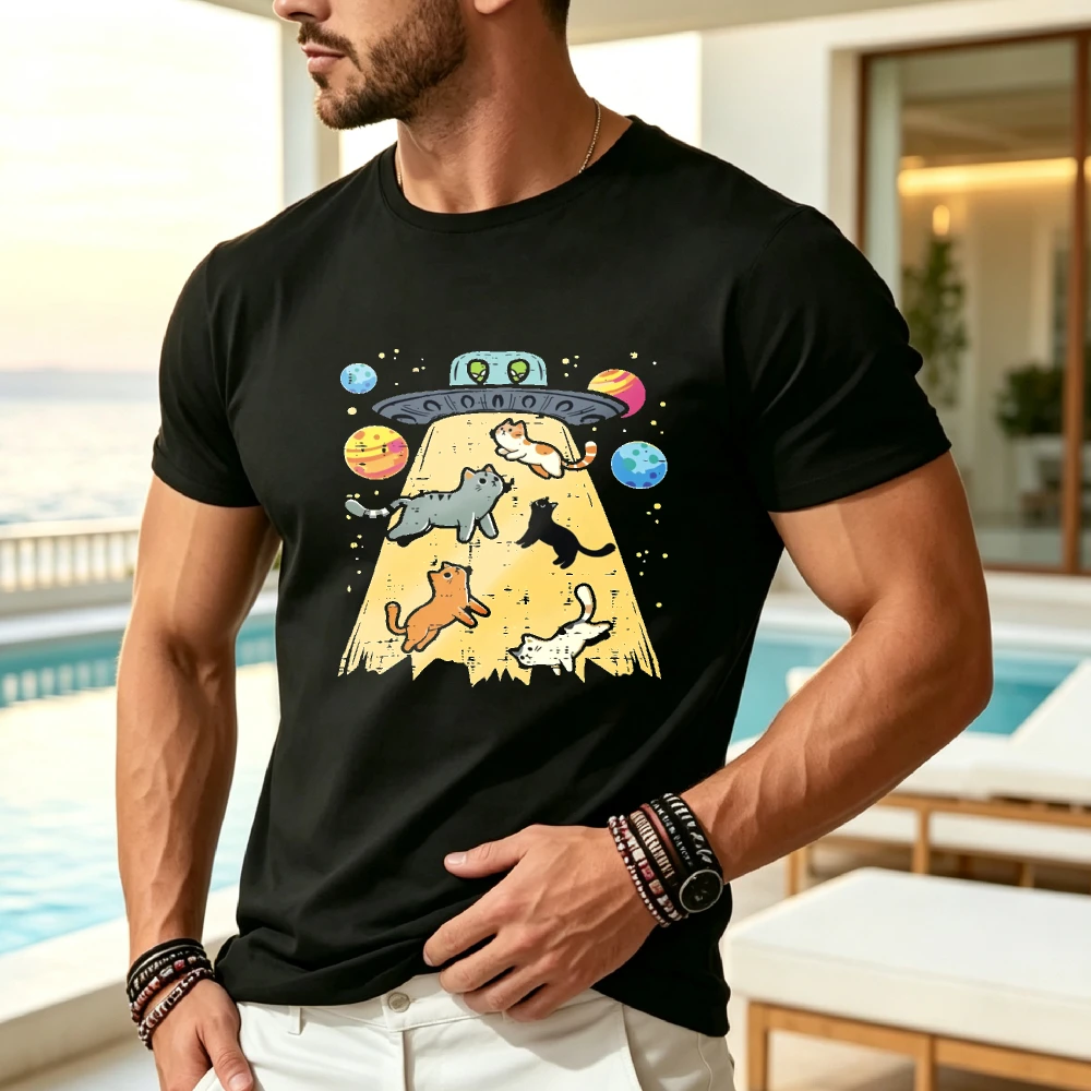 Men'S Retro Cartoon UFO Cat Abduction Graphic T-Shirt | Whimsical Design Featuring Colorful Planets, Playful Cats, and Alien Eyes, Short Sleeve, Round Neck, Lightweight and Breathable, Ideal for Casual Outings and Sci-Fi Lovers | Fun Graphic Tee