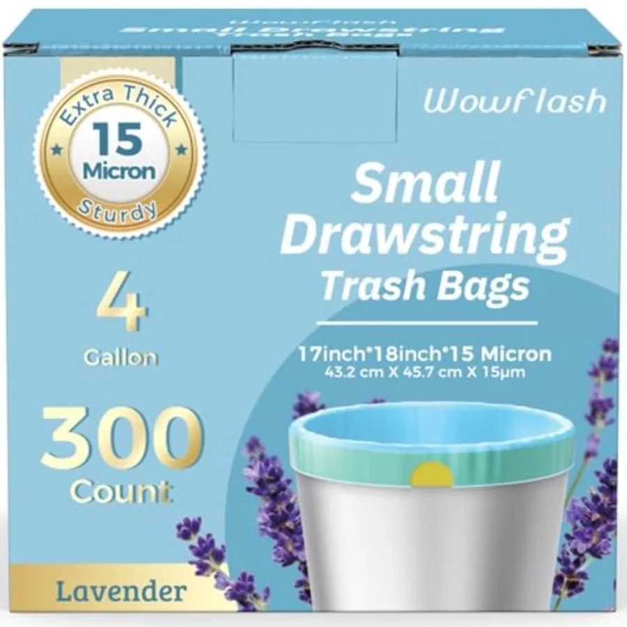 

300 Count 15 Micron Extra Thick 4 Gallon Drawstring Small Trash Bags Sturdy and Tear-Resistant Small Garbage Bags for Bathroom