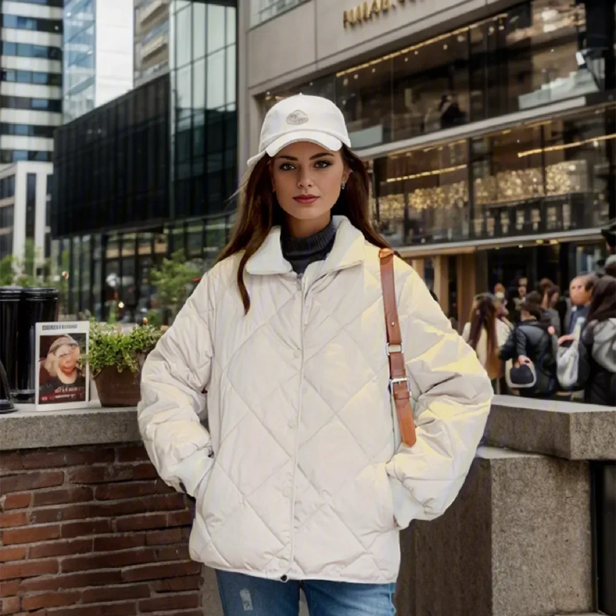 

2025 New Women's New Cotton Jacket Female Diamond Grid Fake Two Short Jacket Women's High Collar Warm Casual Parkas Coats