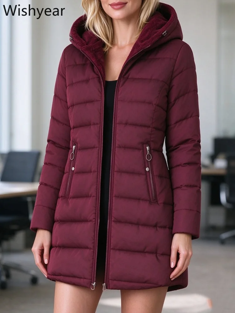 Women’s Warm Quilted Puffer Coat Mid-Length Hooded Jacket Thick Cotton Padded Outerwear with Fleece Lining Zip Front Work Winter