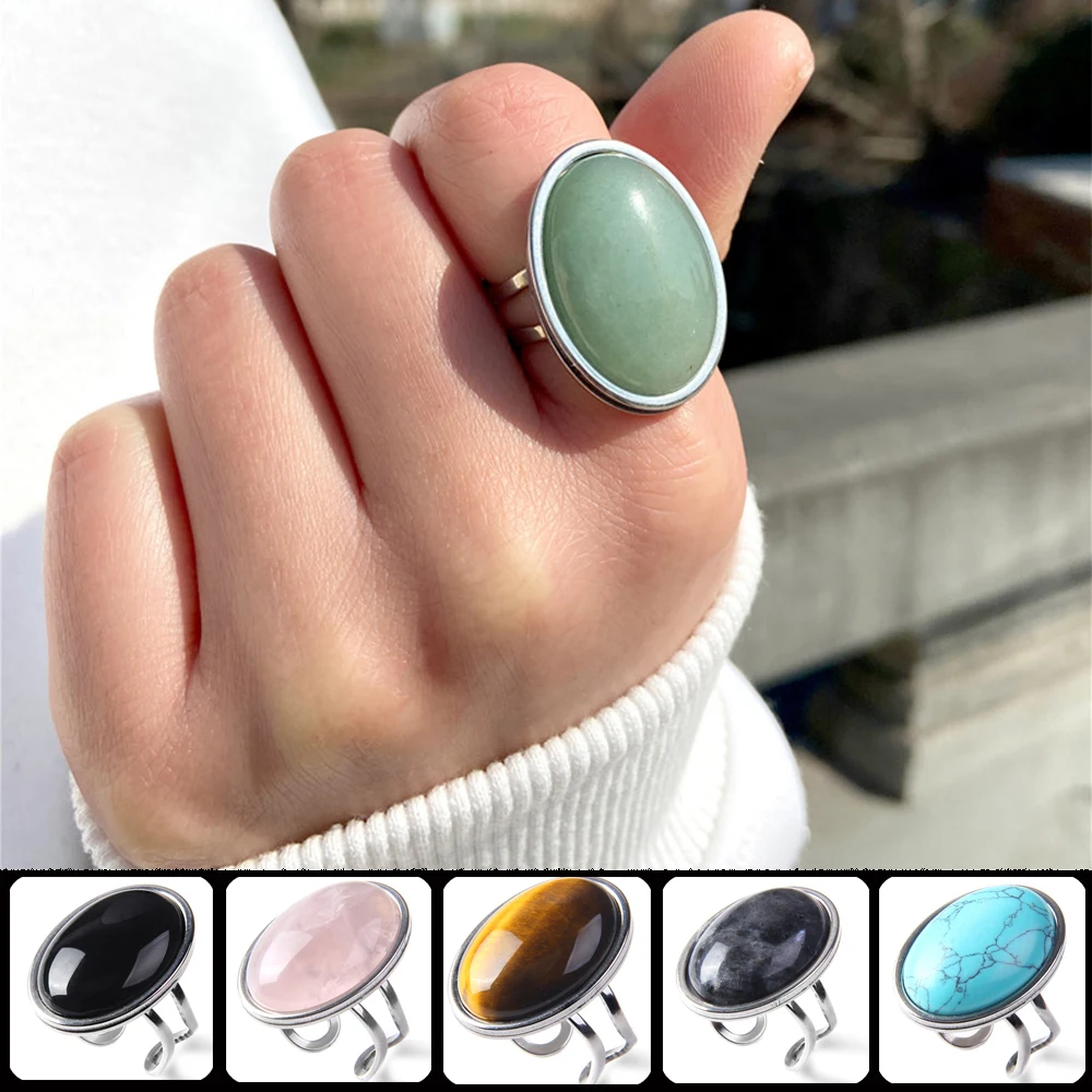 Big Stone Ring Natural Cabochon Tiger Eye Obsidian Quartzs Gem Finger Ring Silver Color Open Rings Classic Vintage Jewelry Gift