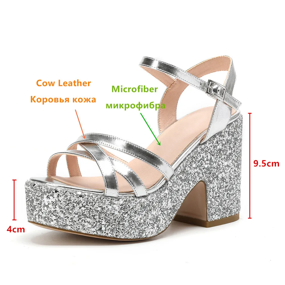 MILI-MIYA Fashion Sequins Chunky Heel Women Cow Leather Sandals Thick Heels Platform Buckle Strap Dress Party Shoes For Ladies